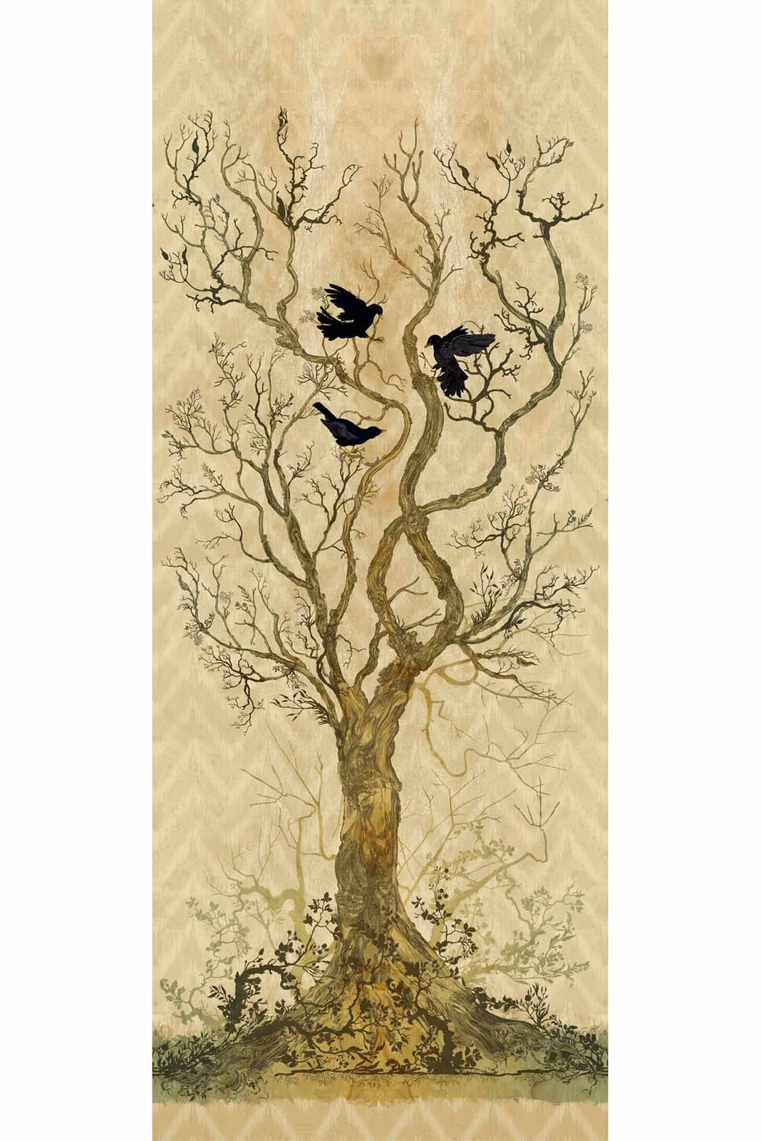 Winchester Superwide Wallpaper Panels Three Black Birds Beige fabric