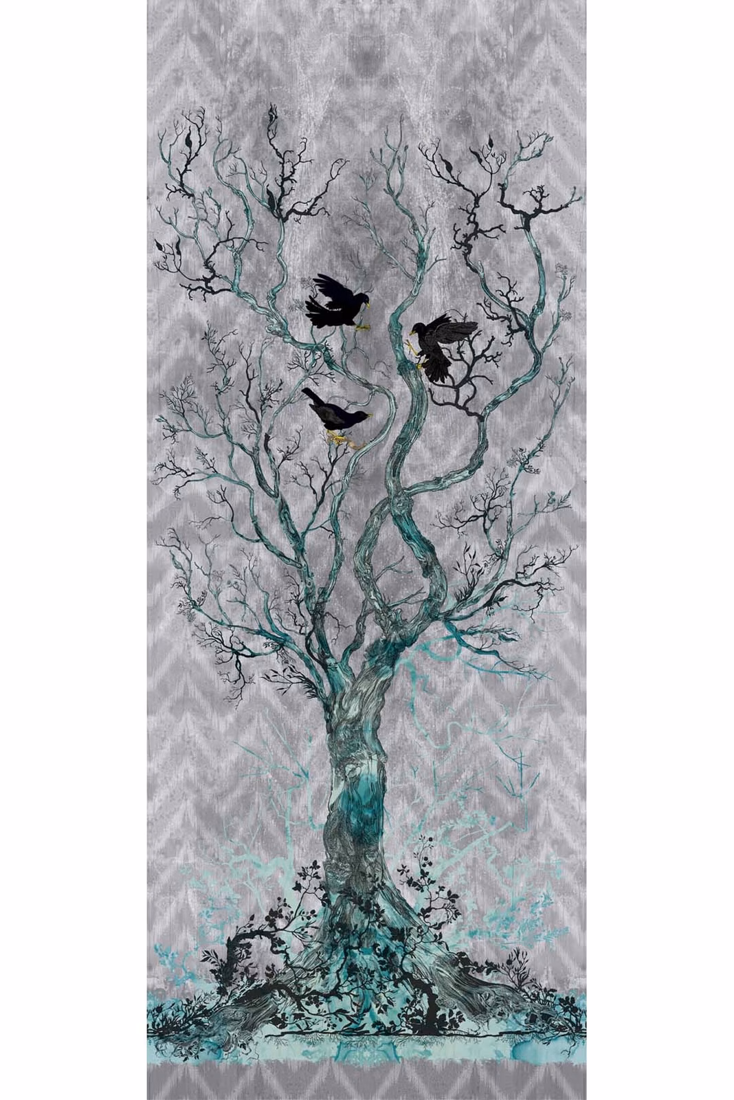 Winchester Superwide Wallpaper Panels Three Black Birds Grey fabric