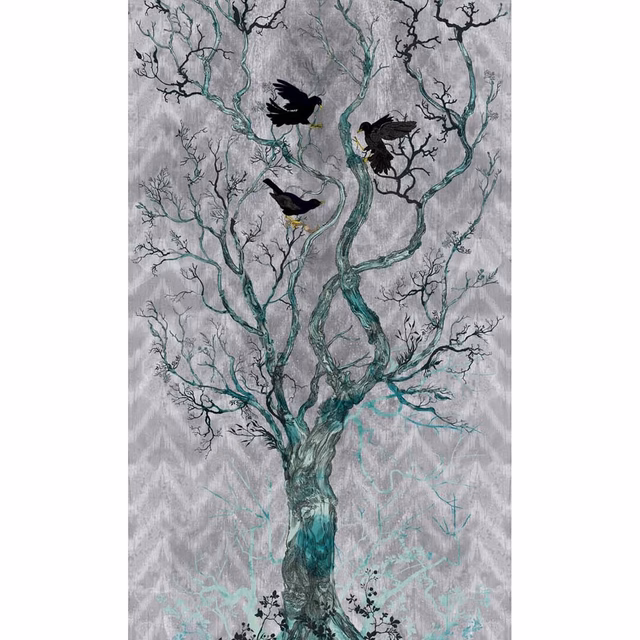 Winchester Superwide Wallpaper Panels Three Black Birds Grey fabric