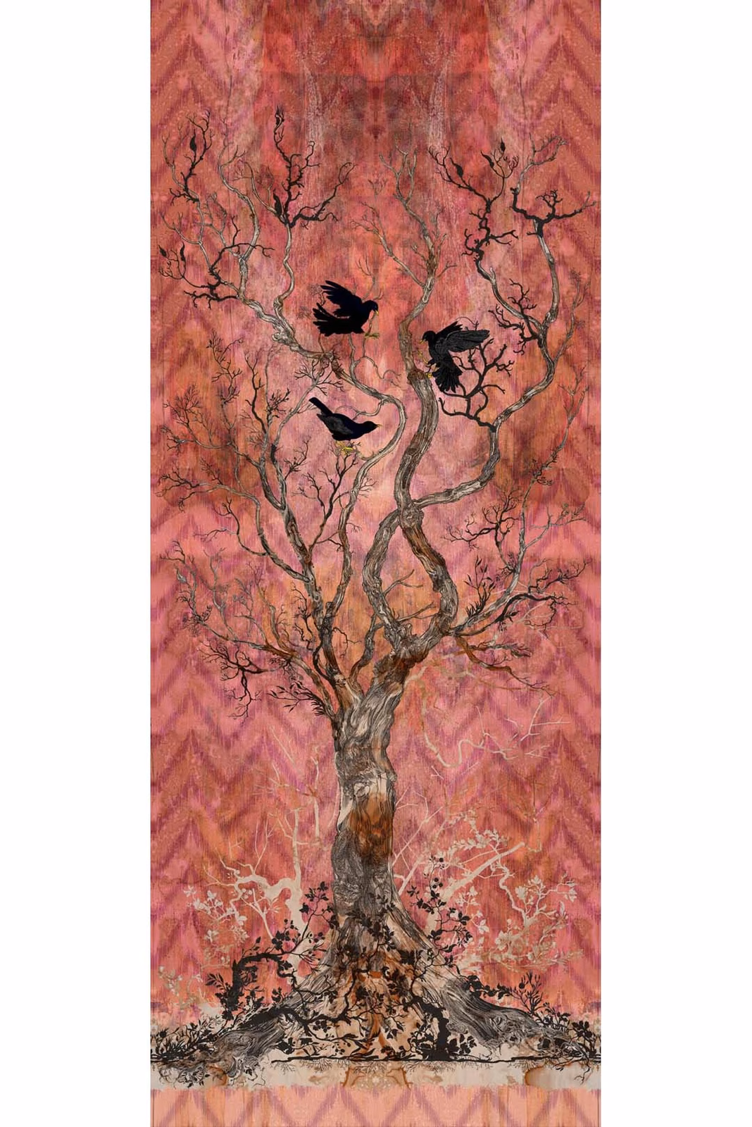 Winchester Superwide Wallpaper Panels Three Black Birds Red fabric