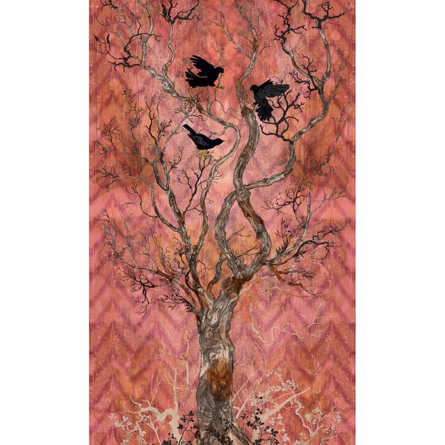 Winchester Superwide Wallpaper Panels Three Black Birds Red fabric