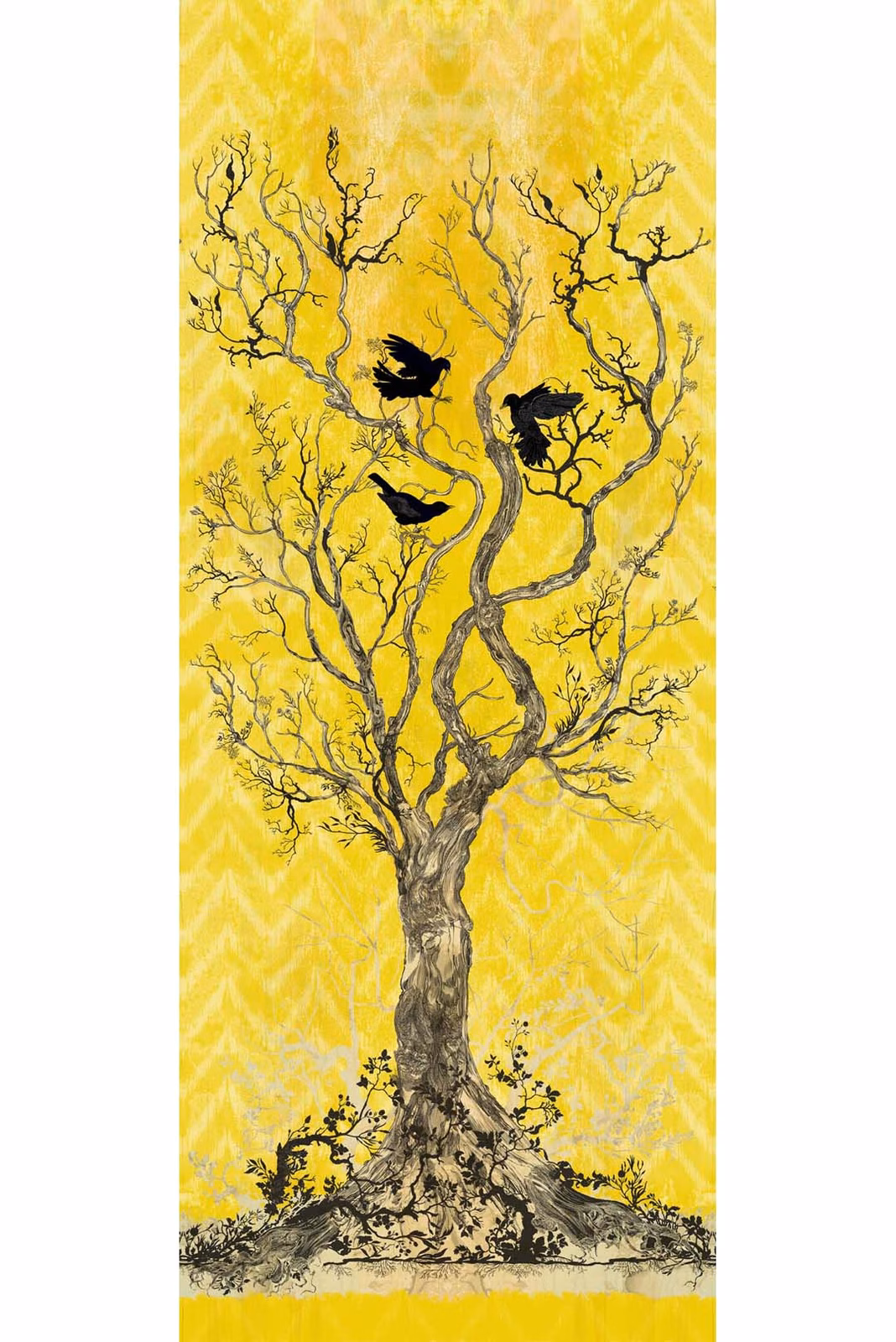 Winchester Superwide Wallpaper Panels Three Black Birds Yellow fabric