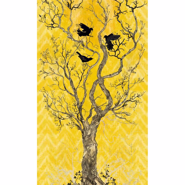 Winchester Superwide Wallpaper Panels Three Black Birds Yellow fabric