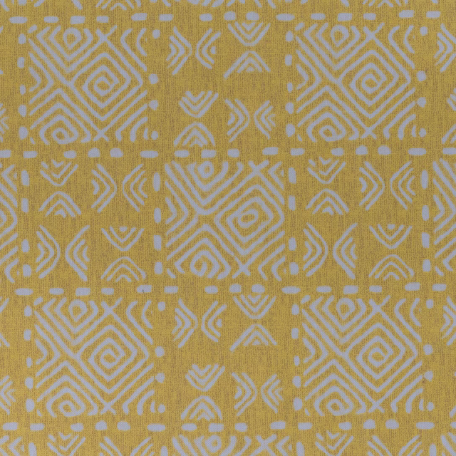 Ochre-gold woven fabric with pale geometric diamond and zigzag pattern