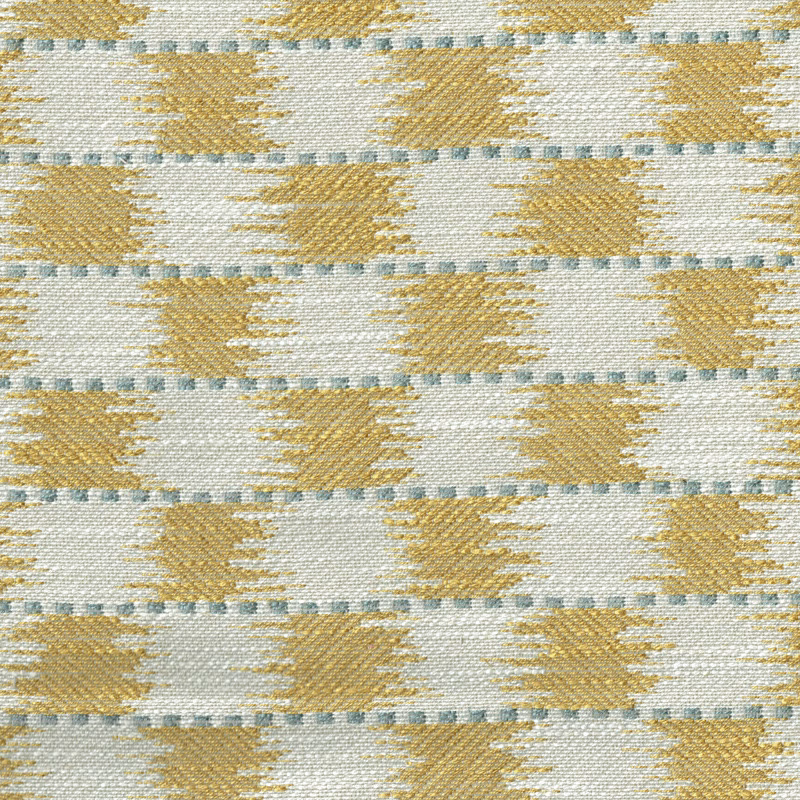 Amber-gold chequered woven fabric on an ivory ground with pale blue-green accents