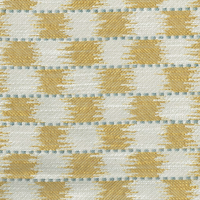 Amber-gold chequered woven fabric on an ivory ground with pale blue-green accents