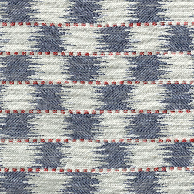 Blue checked fabric swatch with red horizontal accents and woven texture