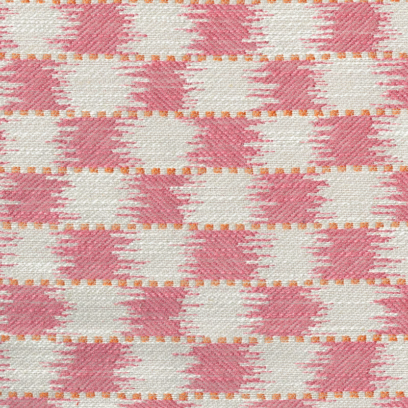 Pink and ivory woven check fabric with small orange accent dots