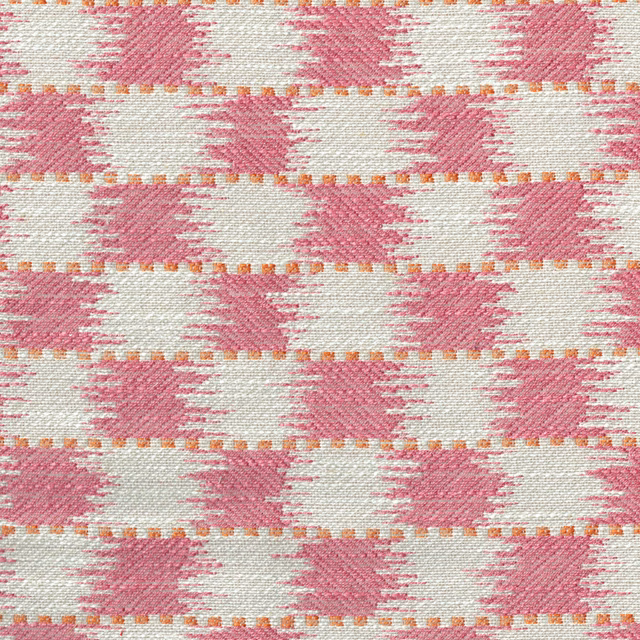 Pink and ivory woven check fabric with small orange accent dots