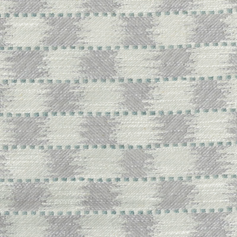 Soft stone-grey woven check fabric with teal dotted horizontal lines
