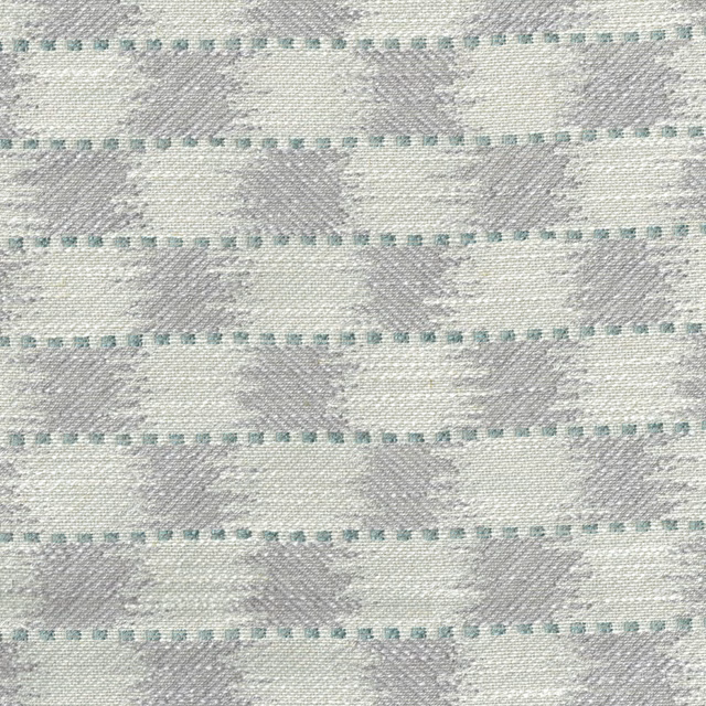 Soft stone-grey woven check fabric with teal dotted horizontal lines