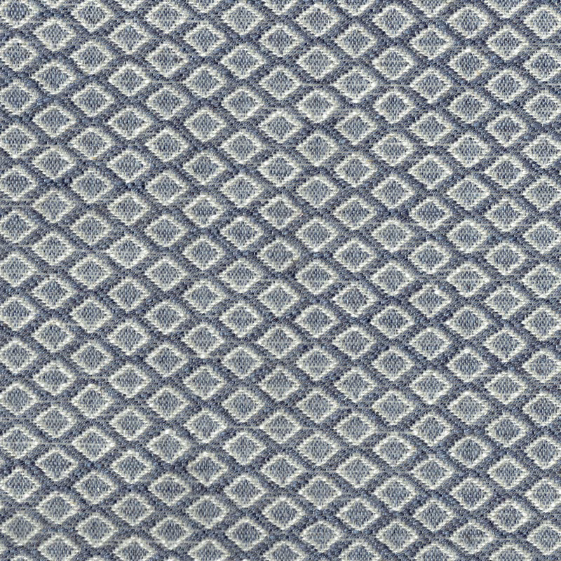 Close-up of a blue diamond-weave geometric fabric with pale highlights