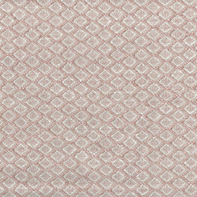 Pale shell pink woven fabric with small ivory diamond lattice pattern