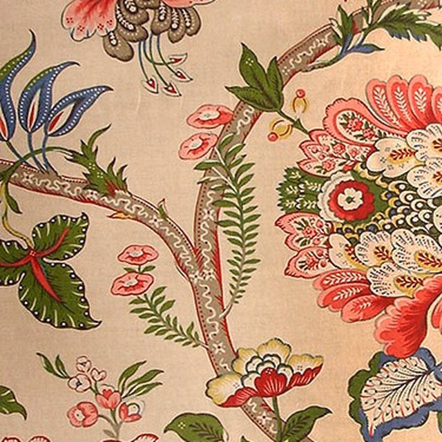 Large floral trail fabric on a warm cream ground with pink, green and blue motifs