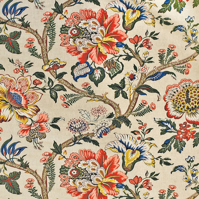 Close-up of cream floral fabric with large multicoloured blossoms and leafy vines