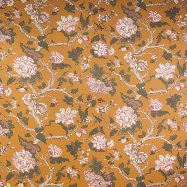 Amber-gold floral fabric with pink and ivory blooms and olive vine leaves