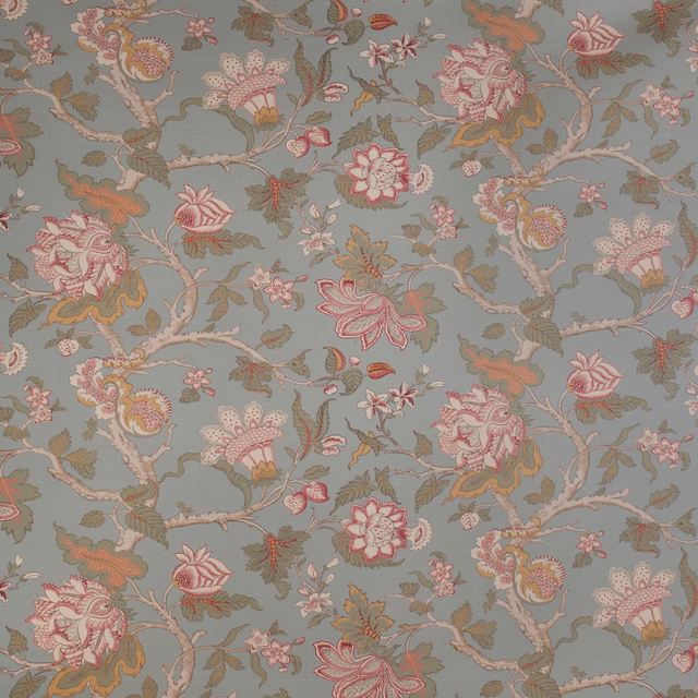 Aqua fabric swatch with large botanical floral trail in pink and cream