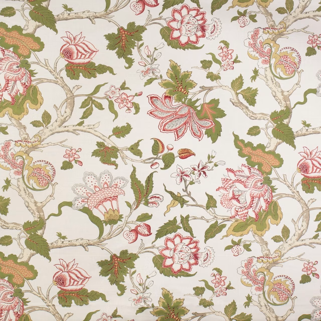Cream floral fabric with pink blossoms, olive leaves and scrolling stems