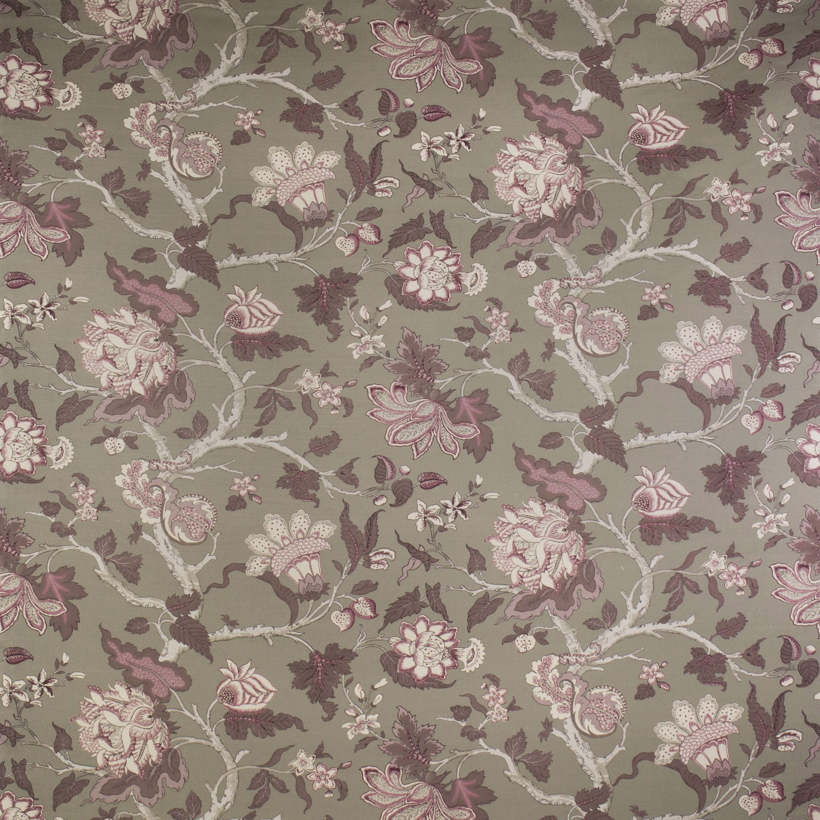Olive green floral fabric with dusky pink blooms and cream trailing stems