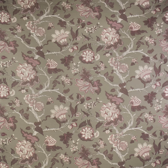 Olive green floral fabric with dusky pink blooms and cream trailing stems