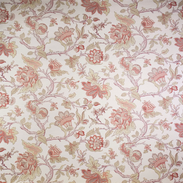 Pastel pink floral vine fabric with blush blooms and pale green leaves