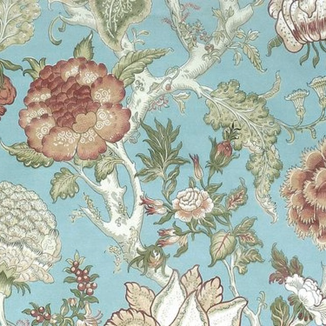Large floral print on duck-egg blue ground with blush, ivory and sage details