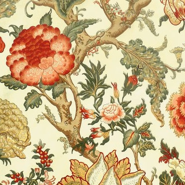 Cream fabric swatch with large scarlet floral and leafy botanical print