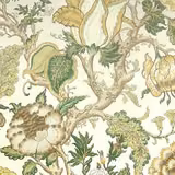 Large-scale botanical fabric with taupe ground and spruce green floral leaves