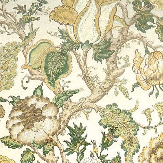 Large-scale botanical fabric with taupe ground and spruce green floral leaves