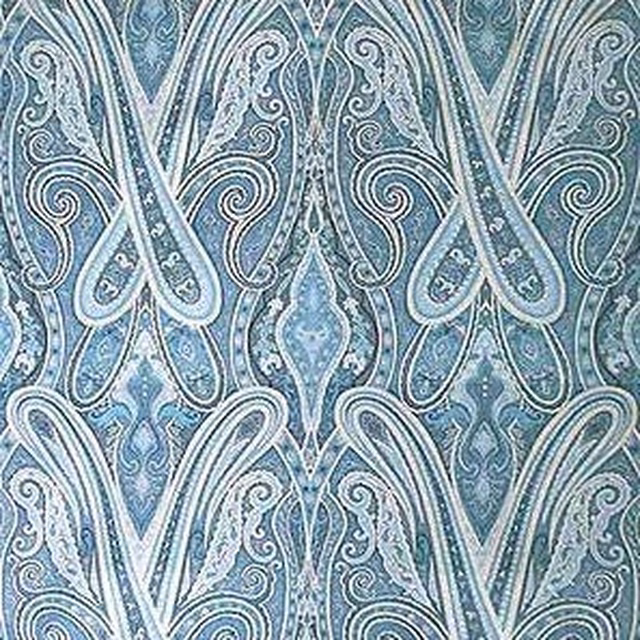 Large aqua blue damask fabric with ivory scrolling outlines and ornate floral detail