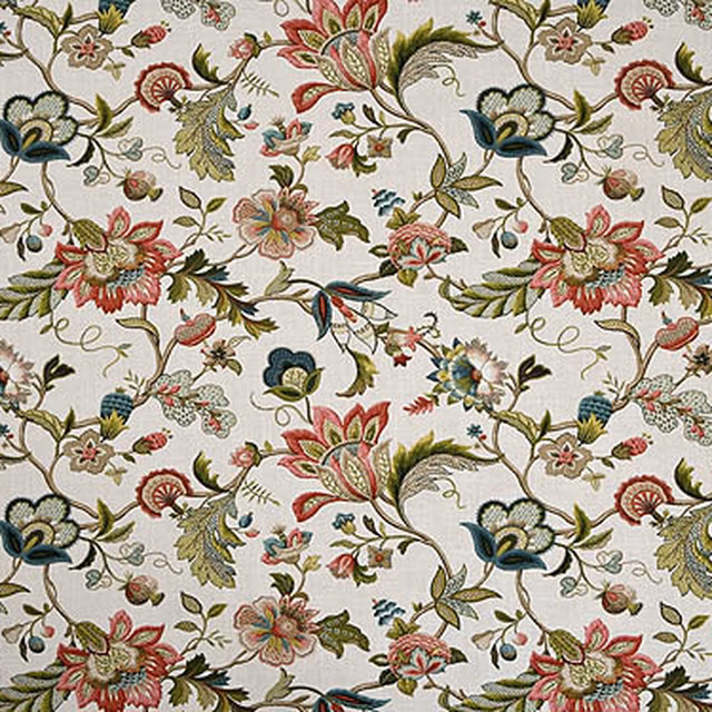 Pink and sage floral furnishing fabric on a pale ground with teal accents