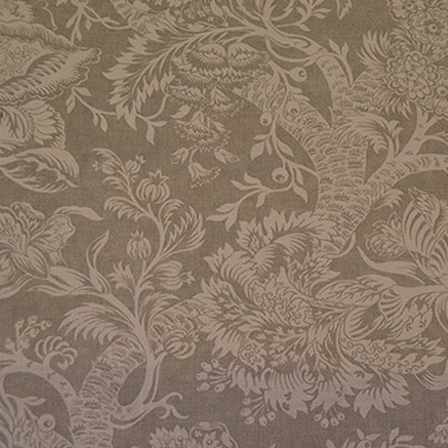 Taupe floral fabric swatch with ornate large-scale foliage and tree motif