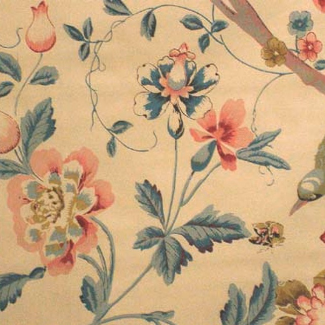 Cream botanical fabric with teal leaves and coral-pink flowers