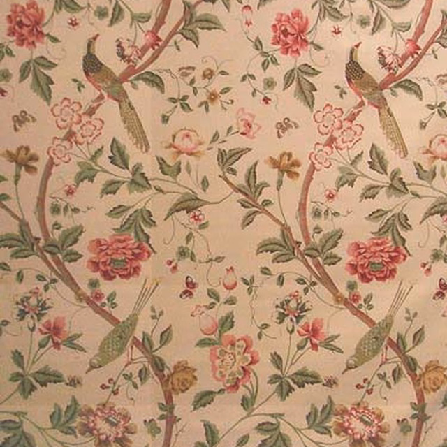Cream floral fabric with pink blossoms, green leaves and perched birds