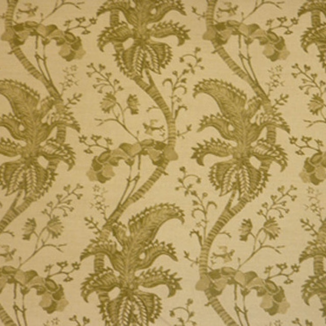 Moss-green botanical fabric with large leafy motifs on a pale ground