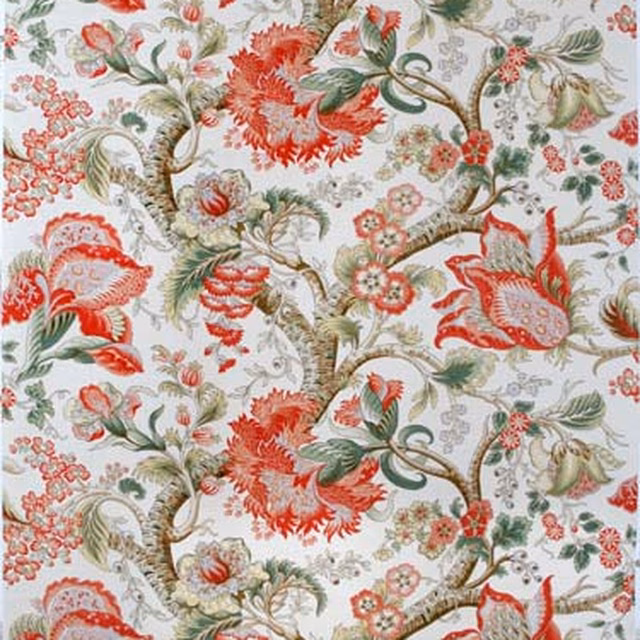 Large floral Tree of Life print on almond cream fabric with red and sage branches