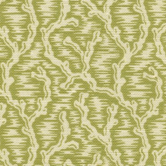 Green and cream patterned fabric swatch with organic textured repeat