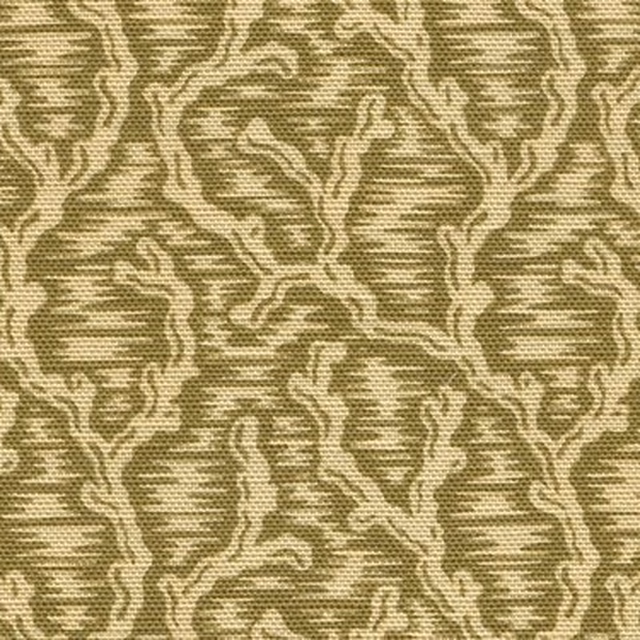Muted sage woven fabric with scrolling beige stripe pattern