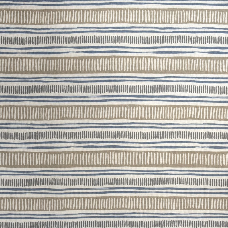 Pale fabric swatch with grey-blue stripes and taupe dashed bands
