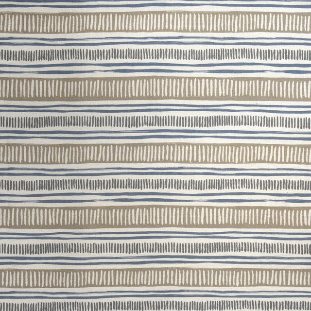 Pale fabric swatch with grey-blue stripes and taupe dashed bands