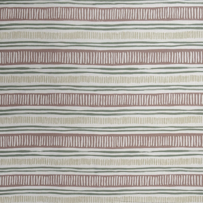 Striped fabric swatch with mauve bands, sage lines and cream ground
