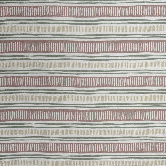 Striped fabric swatch with mauve bands, sage lines and cream ground