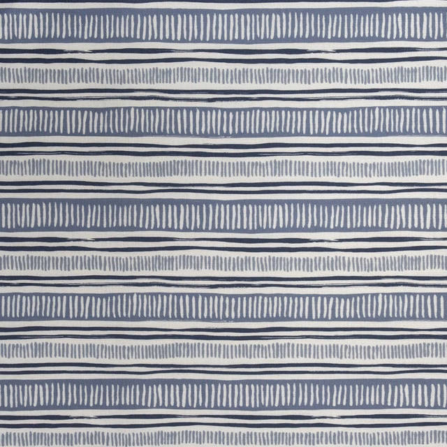 Blue and off-white horizontal striped fabric with dashed woven bands