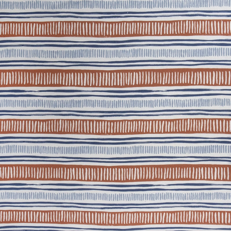 Horizontal striped fabric swatch in blue, rust and pale neutral dashes