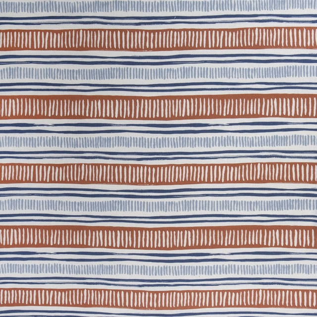 Horizontal striped fabric swatch in blue, rust and pale neutral dashes