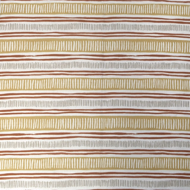 Horizontal striped fabric swatch in cream, ochre, rust and grey-green