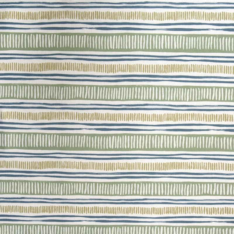 Striped fabric swatch with sage green bands and thin blue lines on white