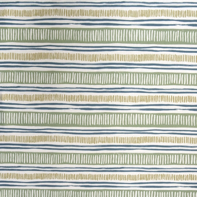 Striped fabric swatch with sage green bands and thin blue lines on white