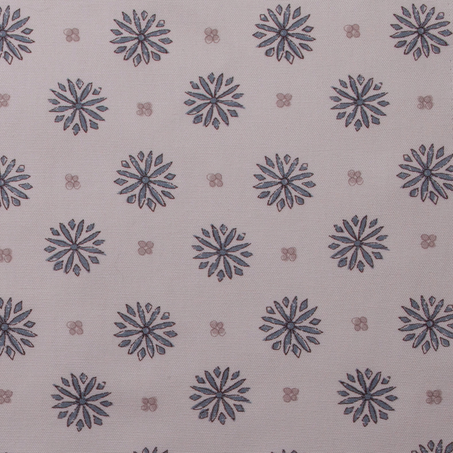 Pale ivory printed cotton with small blue-grey floral medallions and tiny blush motifs