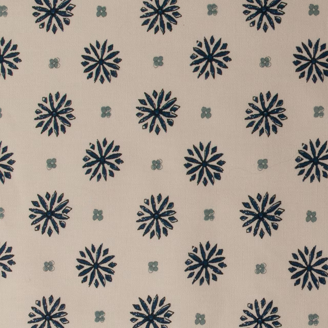 Cream printed cotton with indigo floral motifs and small sage accents